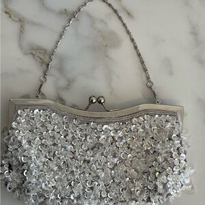 Silver Beaded Clutch Sequin clear Gem Evening Purse